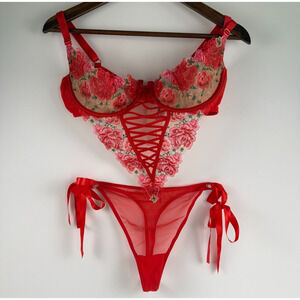 Victoria's Secret Balconette Embroidered Teddy Unlined Bodysuit Red Sz XL NWT